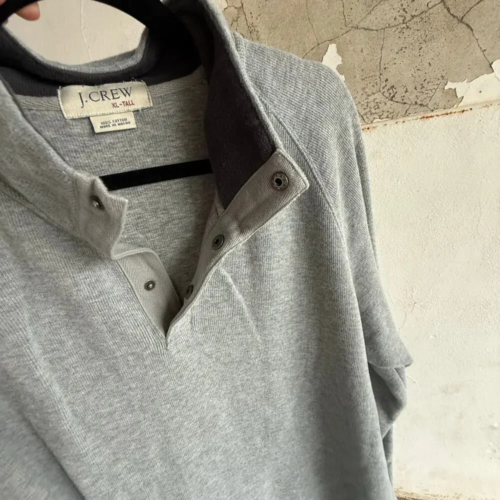 J Crew Sweater‎ Mens XL Tall Quarter Snap Mock Neck Gray Pullover 100% Cotton